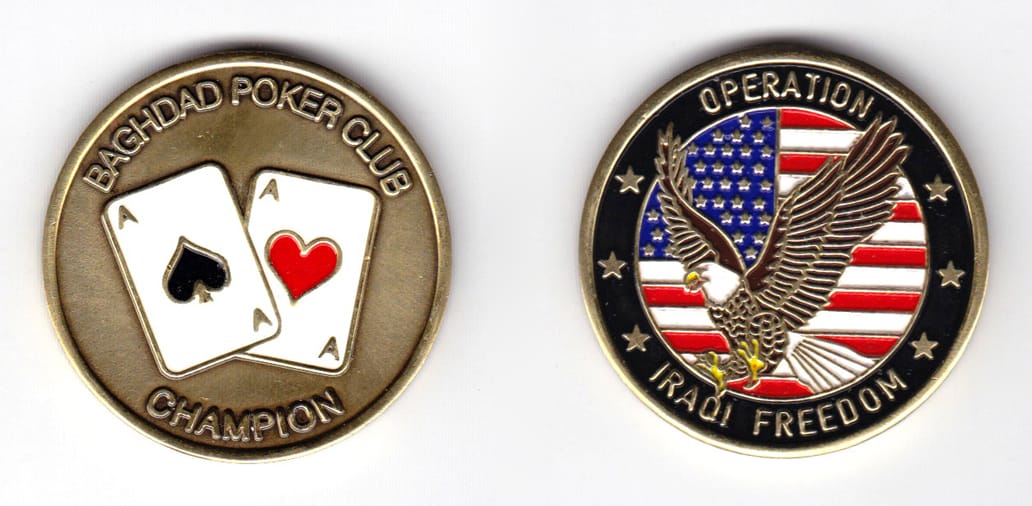 Round shaped coin, antique brass in color, 1 5/8 inches in diameter.