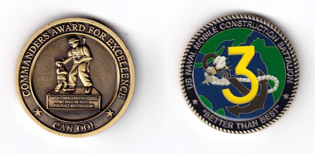 Round shaped coin, antique brass in color, 1 1/2 inches in diameter.