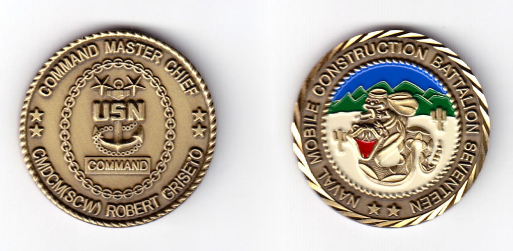 Round shaped coin, antique brass in color, 1 37/64 inches in diameter.