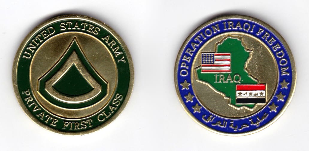 Round shaped coin, antique brass in color, 1 43/64 inches in diameter.