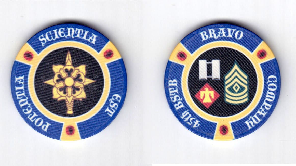 Round shaped poker chip, blue in color, 1 17/32 inches in diameter.