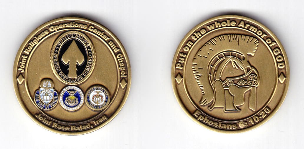 Round shaped coin, antique brass in color, 1 1/2 inches in diameter.