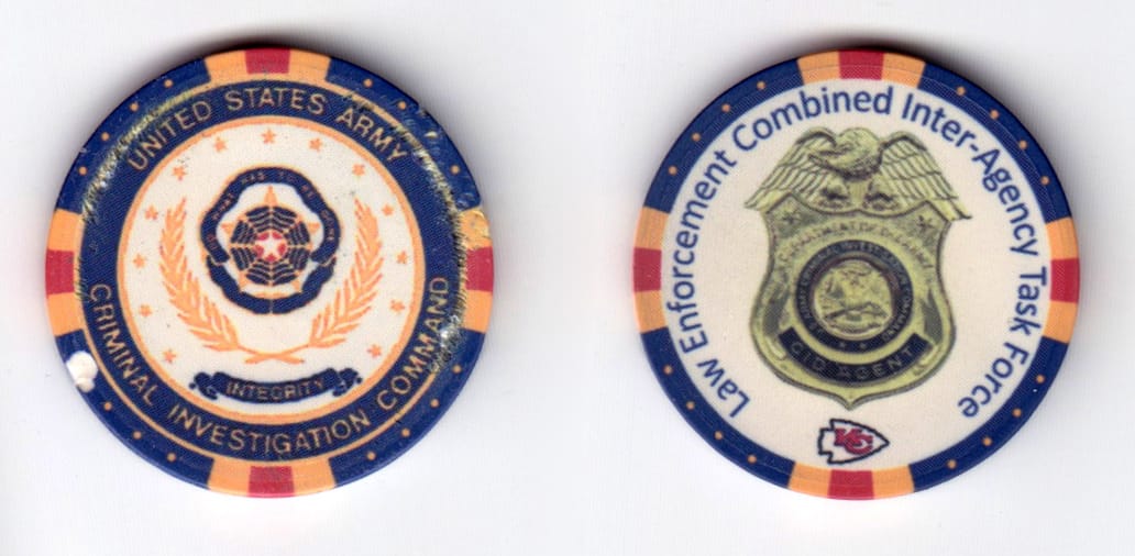 Round shaped poker chip, blue in color, 1 17/32 inches in diameter.