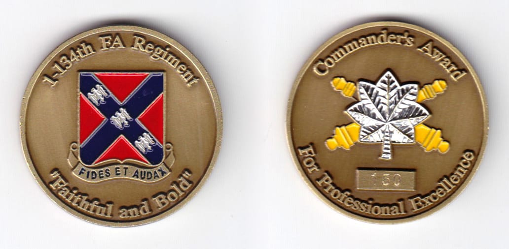 Round shaped coin, antique brass in color, 1 9/16 inches in diameter.