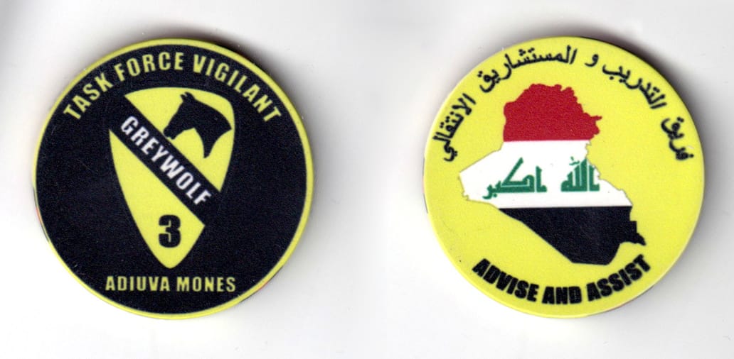 Round shaped poker chip, black with lime green edge in color,        1 43/64 inches in diameter.