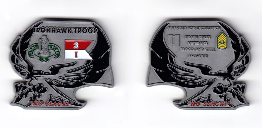 The coin shape is based on the outline of the Ironhawk Troop insignia modified to include a bottle opener at the bottom ...