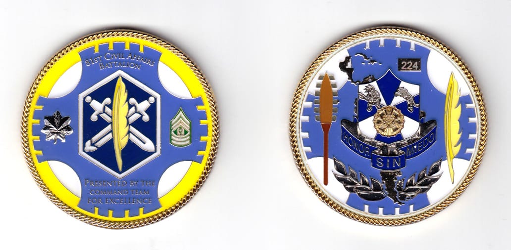 Round shaped coin, gold in color, 2 1/4 inches in diameter.