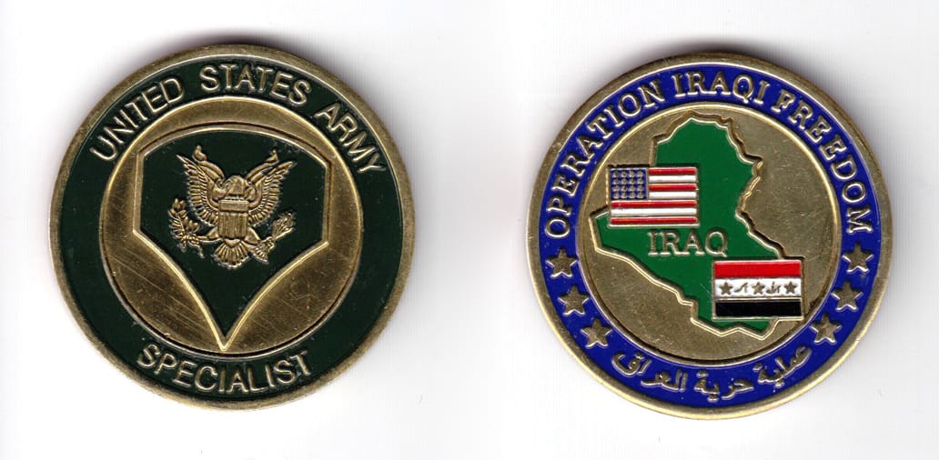 Round shaped coin, antique brass in color, 1 43/64 inches in diameter.