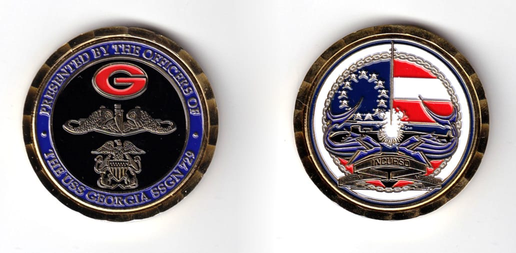 Round shaped coin, brass in color. 1 3/4 inches in diameter.