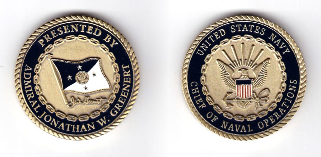 Round shaped coin, antique brass in color, 1 3/4 inches in diameter.