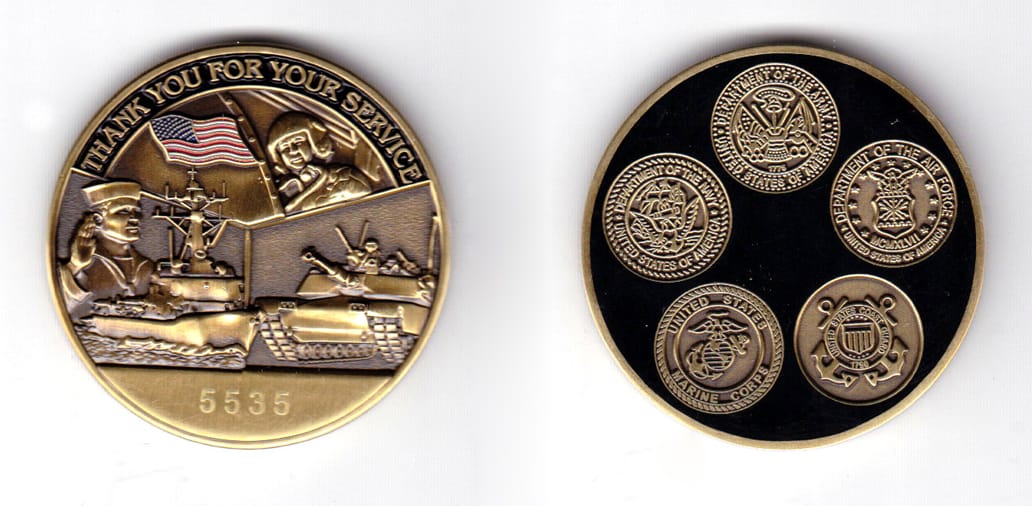 Round shaped coin, antique brass in color, 1 47/64 inches in diameter.