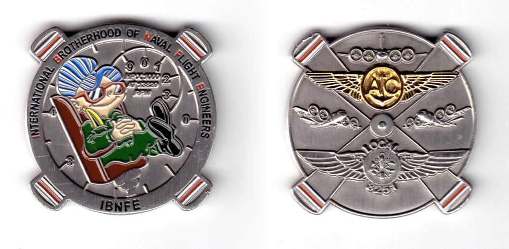 Round shaped coin with the tips of a 4-bladed propeller forming an "X" slightly protruding from behind the coin, pewtr i...