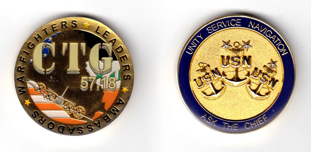 Round shaped coin, brass in coor, 1 47/64 inches in diameter.