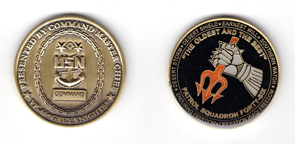 Round shaped coin, antique brass in color, 1 49/64 inches in diameter.