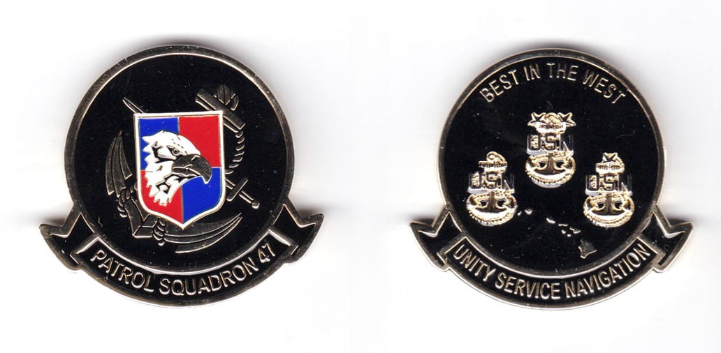 Round shaped coin with banner under, brass in color, 1 37/32 inches high x 2 inches wide.