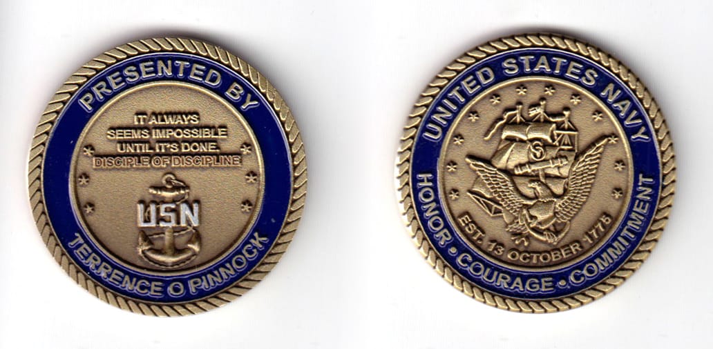 Round shaped coin, antique brass in color, 1 3/4 inches in diameter.