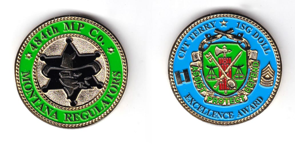 Round shaped coin, gold in color, 1 3/4 inches in diameter.