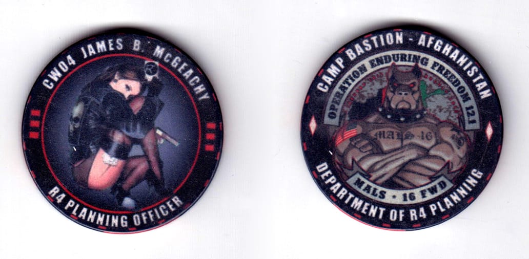 Round shaped poker chip, blue in color, 1 57/64 inches in diameter.