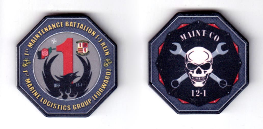 Octagon shaped poker chip, Light & dark blue in color, 1 23/32 inches high x 1 23/32 inches wide.