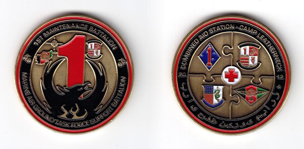 Round shaped coin, antique brass in color, 1 3/4 inches in diameter.