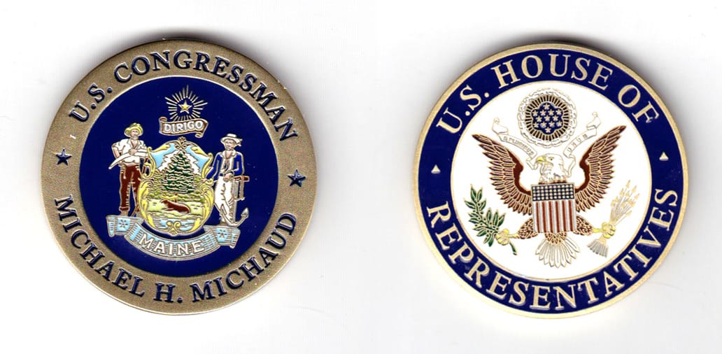 Round shaped coin, antique brass in color, 1 3/4 inches in diameter.