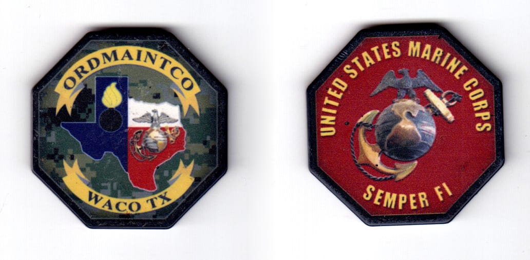 Octagon shaped poker chip, black & gray in color, 1 45/64 inches high x 1 45/64 inches wide.