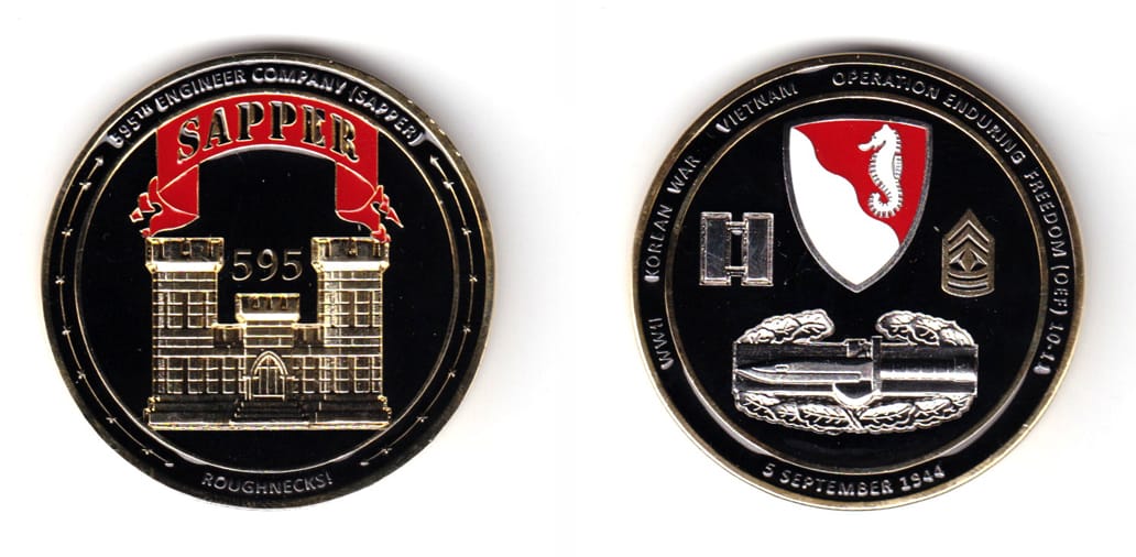 Round shaped coin, brass in color, 2 inches in diameter.