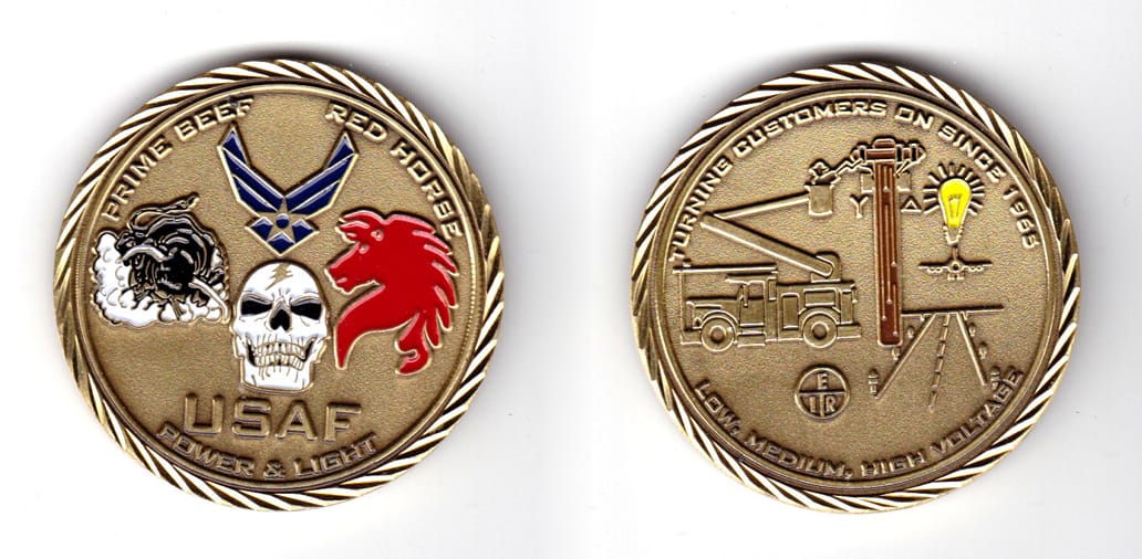 Rround shaped coin, brass in color, 2 inches in diameter.