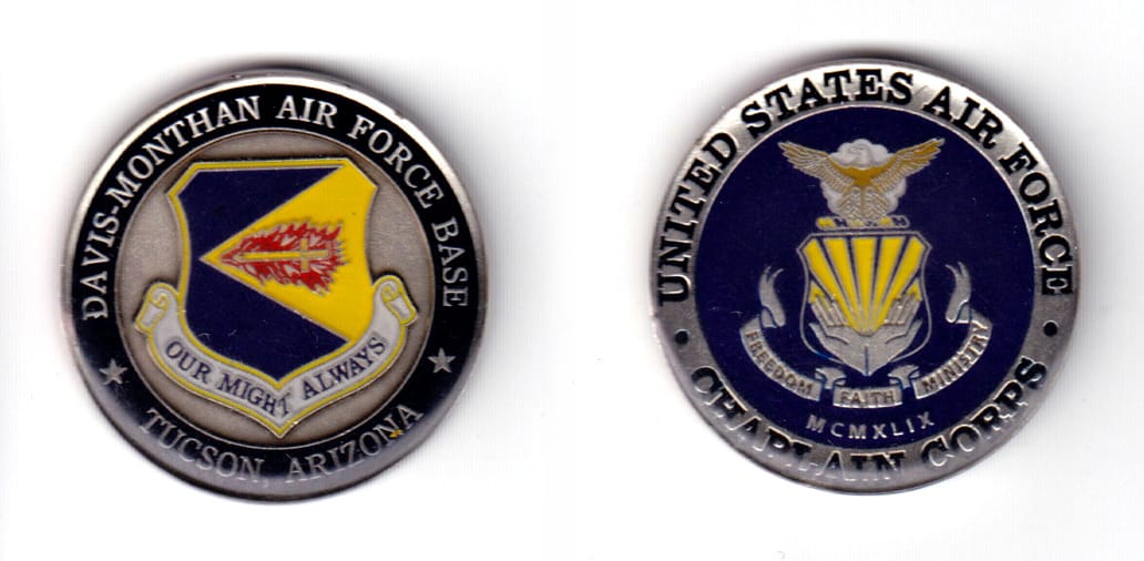 Round shaped coin, pewter in color, 1 37/64 inches in diameter.