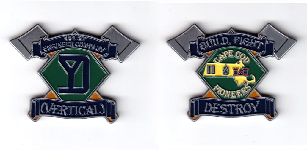 Coin is square shaped, one corner down, with banners covering the top and bottom, all backed by a pair of crossed axes w...