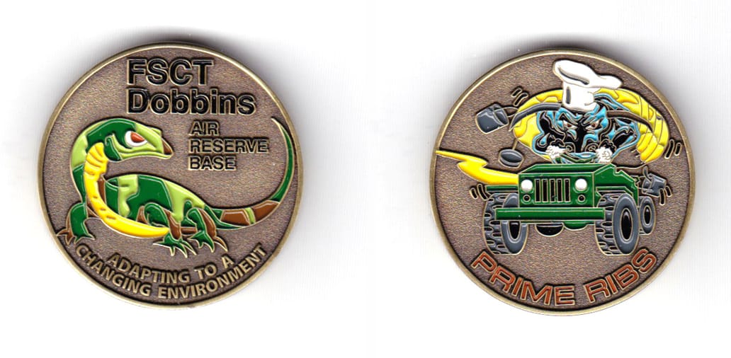 Round shaped coin, brass in color, 1 37/64 inches in diameter.