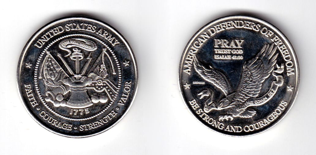 Round shaped coin, silver in color, 1 1/2 inches in diameter.