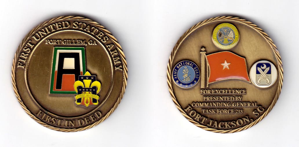 Round shaped coin, antique brass in coor, 2 inches in diameter.