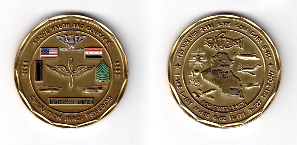 Round shaped coin, antique brass in color, 2 inches in diameter.