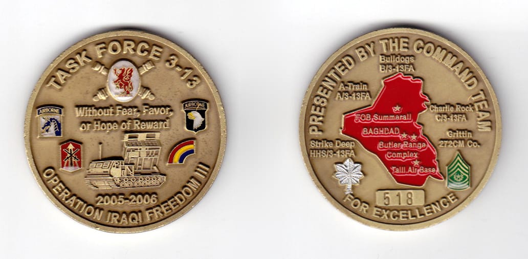 Round shaped coin, antique brass in color, 1 63/64 inches in diameter.