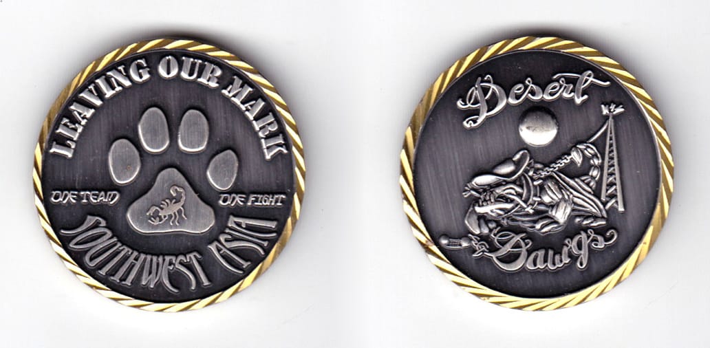 Round shaped coin, pewter in color, 1 31/64 inches in diameter.