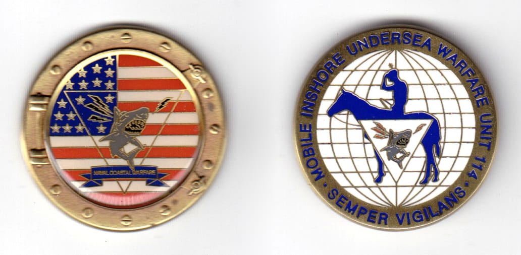 Round shaped coin, antique brass in color, 1 17/32 inches in diameter.