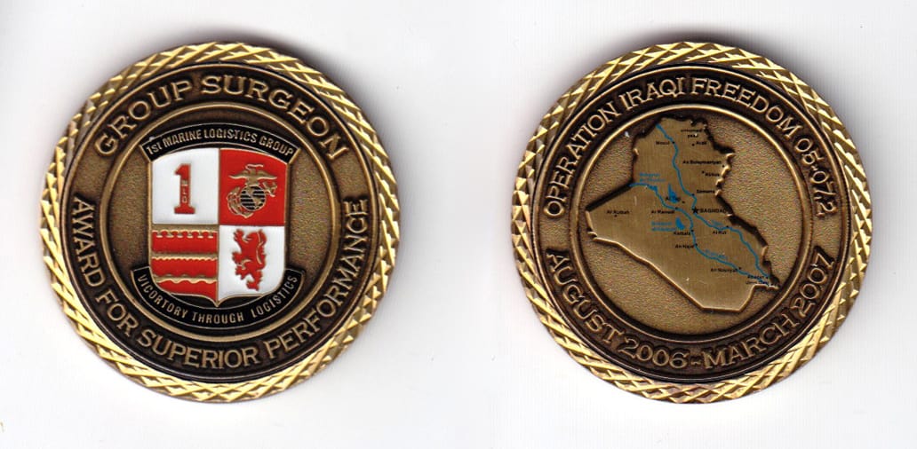 Round shaped coin, antique brass in color, 1 31/64 inches in diameter.