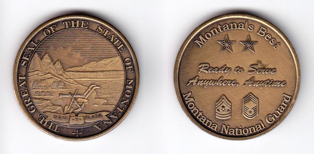 Round shaped coin, very antique brass in color, 1 35/64 inches in diameter.