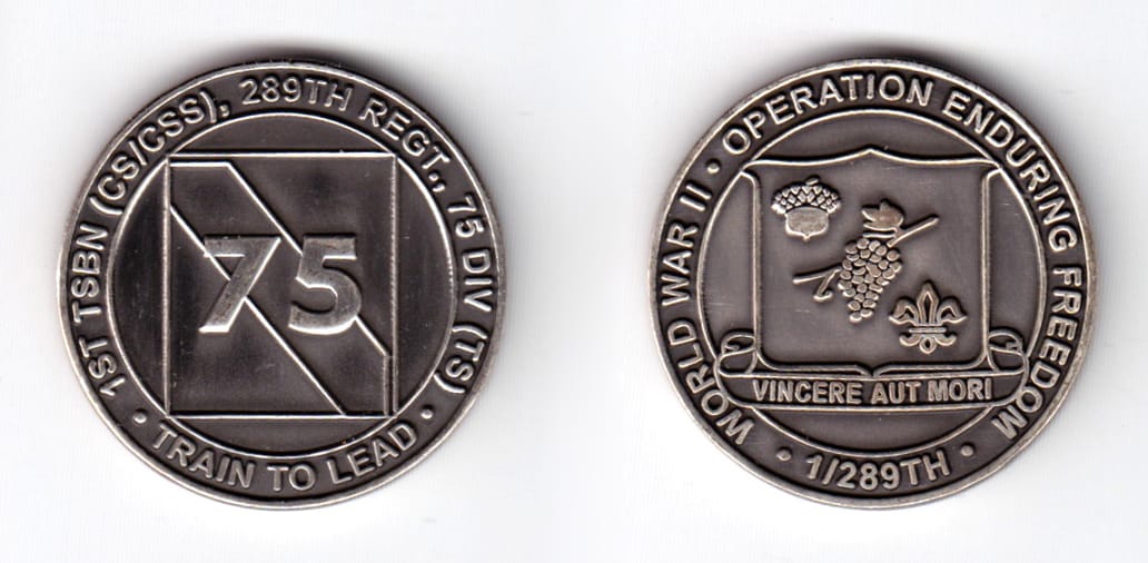 Round shaped coin, pewter in color, 1 31/64 inches in diameter.