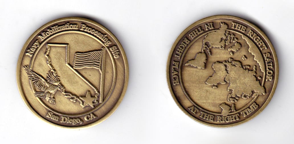 Round shaped coin, very antique brass in color, 1 31/64 inches in diameter.