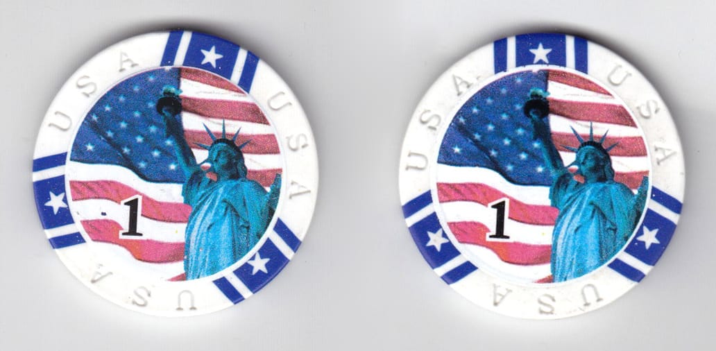 Round shaped poker chip, white in color, 1 9/16 inches in diameter.