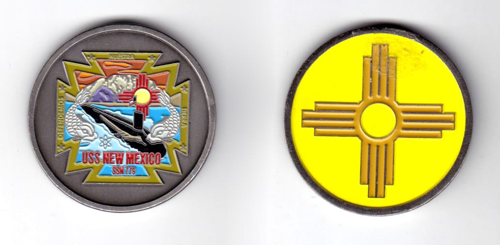 Round shaped coin, pewter in color, 1 49/64 inches in diameter.