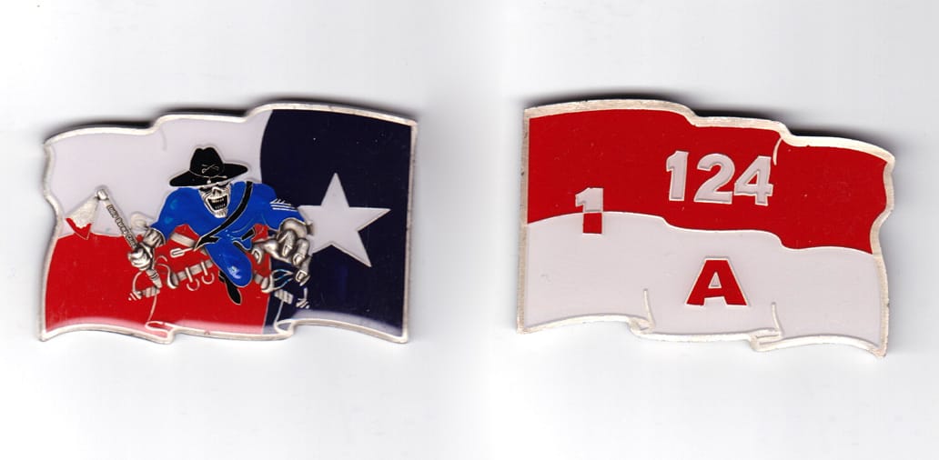 Flag shaped coin, pewter in color, 1 39/64 inches high x 2 31/64 inches wide.