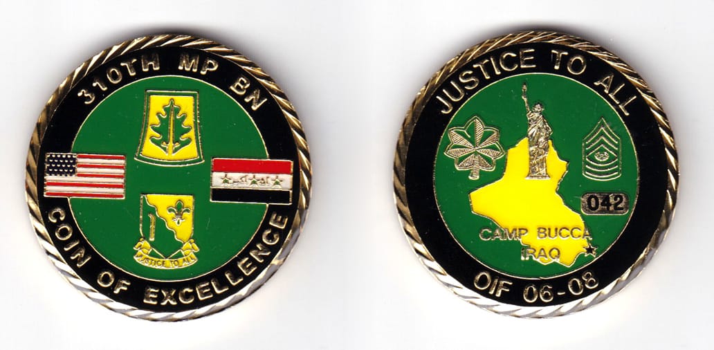 Round shaped coin, brass in color, 1 1/64 inches in diameter.