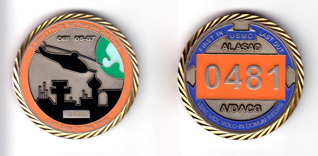 Round shaped coin, brass in color, 2 inches in diameter.