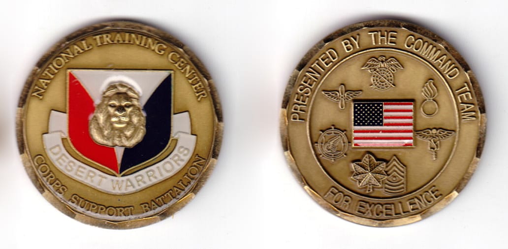 Round shaped coin, antique brass in color, 1 63/64 inches in diameter.