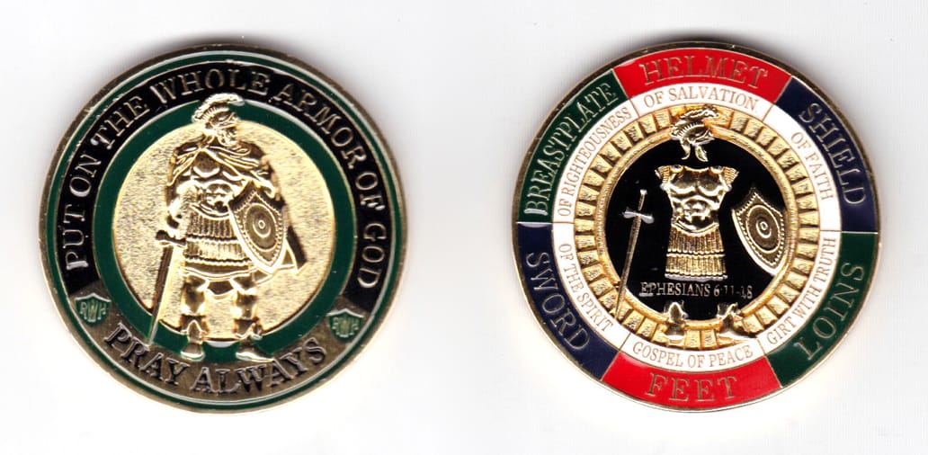 Round shaped coin, gold in color, 1 3/4 inches in diameter.