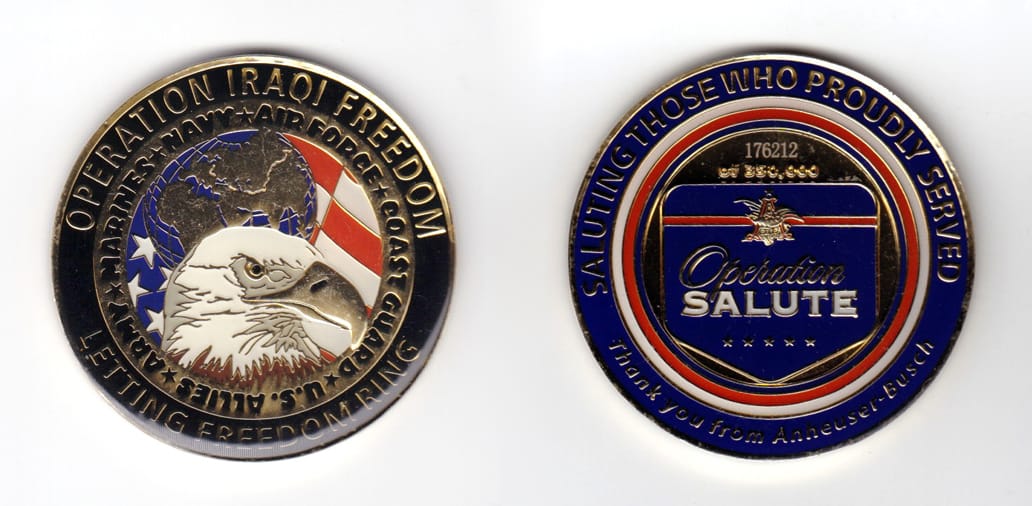 Round shaped coin, gold in color, 2 inches in diameter.