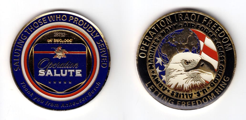 Round shaped coin, gold in color, 2 inches in diameter.